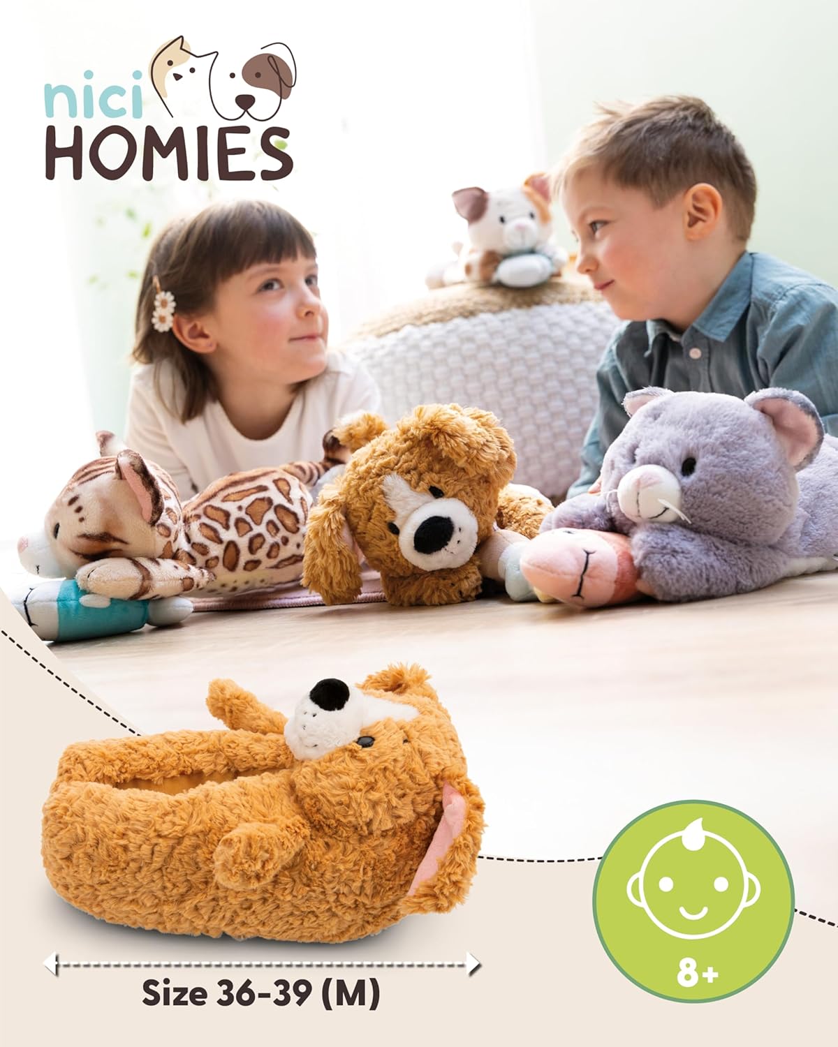NICI Dog Slippers, Brown, EU 36-39/UK 3-6 (M), Warm NICI cuddly toy Slippers for Boys and Girls of all ages, Animal Shoes with Non-Slip Sole - 62169