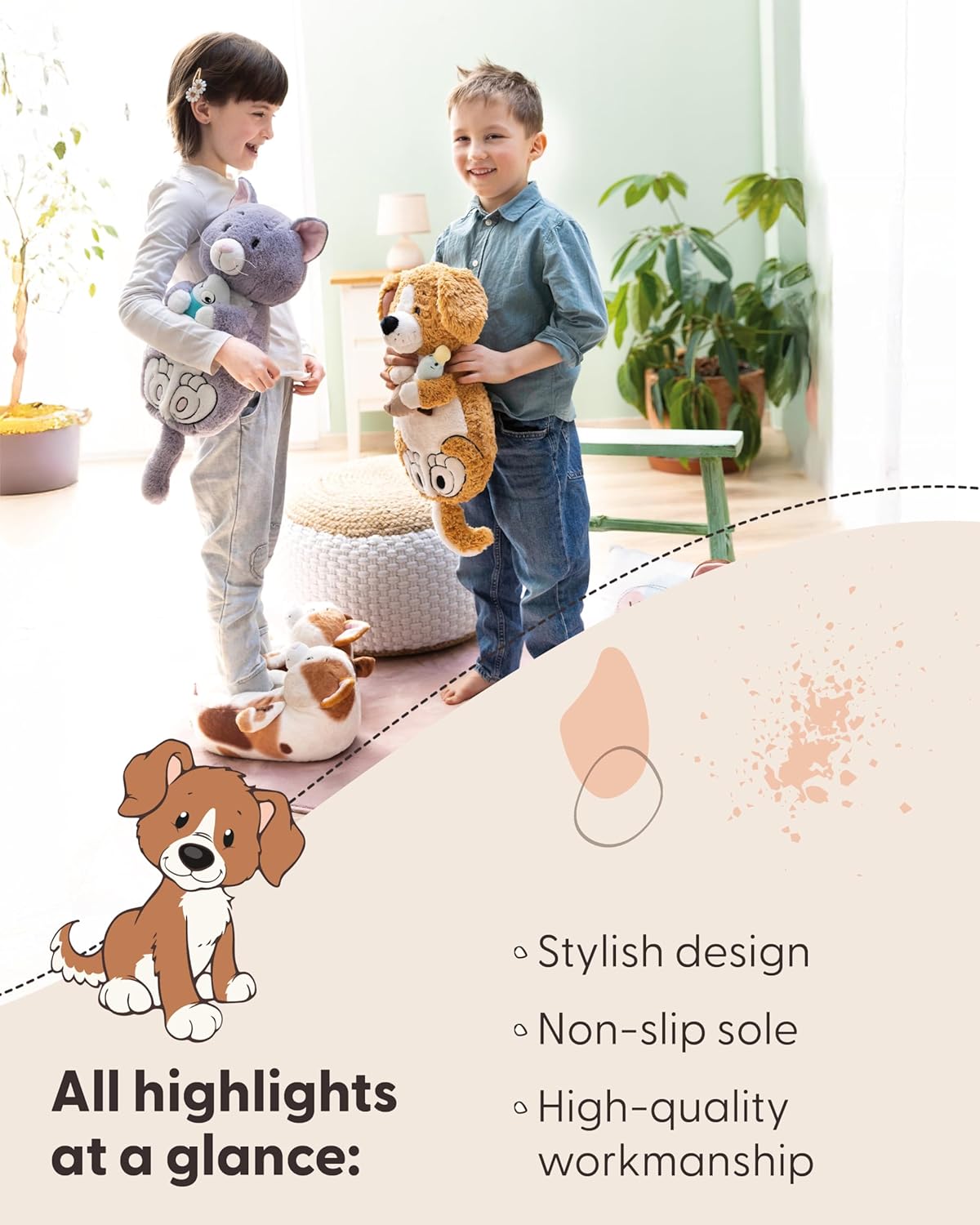 NICI Dog Slippers, Brown, EU 36-39/UK 3-6 (M), Warm NICI cuddly toy Slippers for Boys and Girls of all ages, Animal Shoes with Non-Slip Sole - 62169