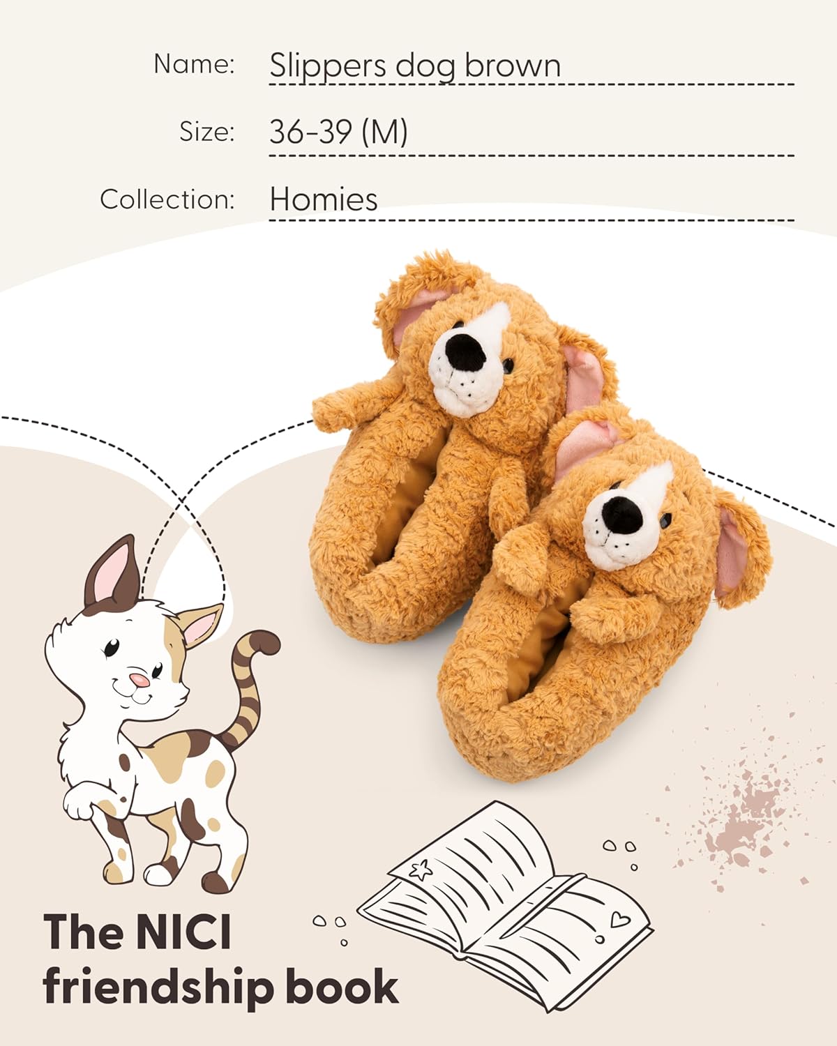 NICI Dog Slippers, Brown, EU 36-39/UK 3-6 (M), Warm NICI cuddly toy Slippers for Boys and Girls of all ages, Animal Shoes with Non-Slip Sole - 62169